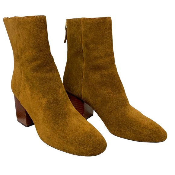 J Crew Sade‎ AB079 Dark Pecan Suede Rear Zip Chunky Heel Booties - Picture 1 of 11